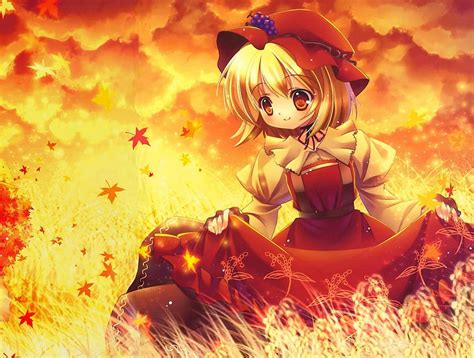 Autumn Anime Girl Tall Grass Young Girl Orange Red Dress Leaves