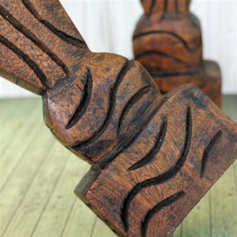 Vintage Wooden Carved Candlestick Pair Chunky Wood With Tiki Tribal
