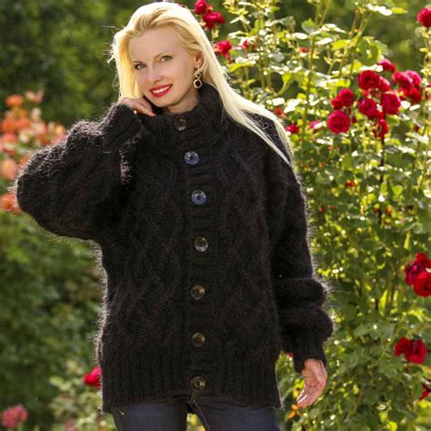 Hand Made Cable Knit Mohair Cardigan In Black Supertanya