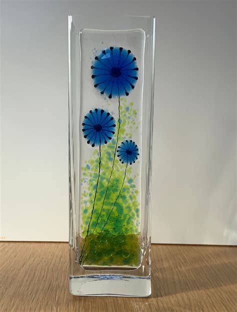 Vase With Handmade Fused Glass Decorative Flower Panel A Etsy