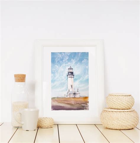 Lighthouse Painting Original Watercolor Art Landscape Yaquina Etsy