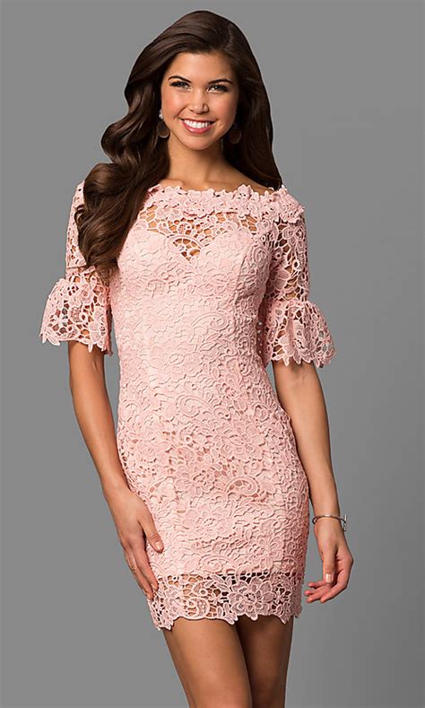 This off the shoulder lace back wedding dress. Short Bell-Sleeve Lace Wedding-Guest Party Dress