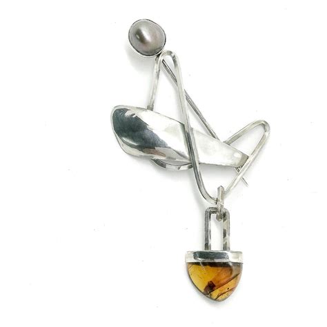 Modernist Baltic Amber Peacock Pearl Art Jewelry Contemporary Baltic