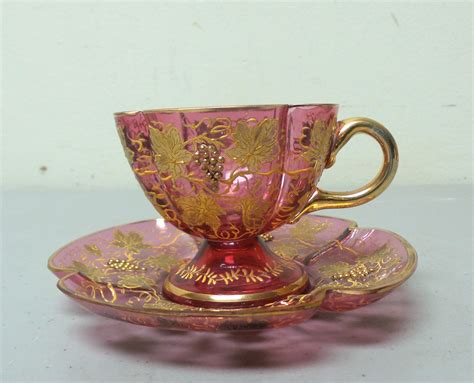 Gorgeous 19th C Moser Cranberry Gilt Decorated Art Glass Cup Saucer Set Ebay Art Glass