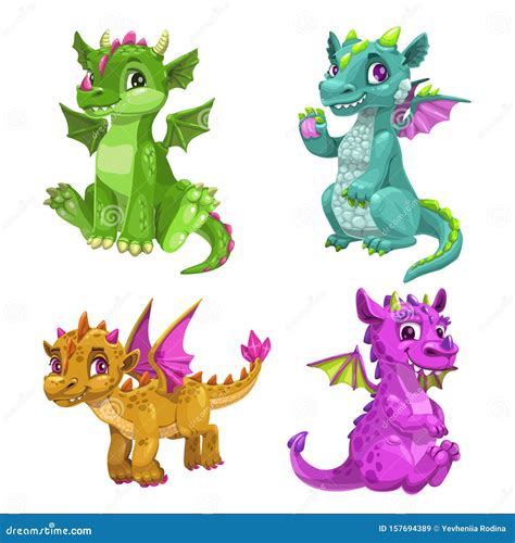 Little Cute Cartoon Baby Dragons Set Vector Stock Vector