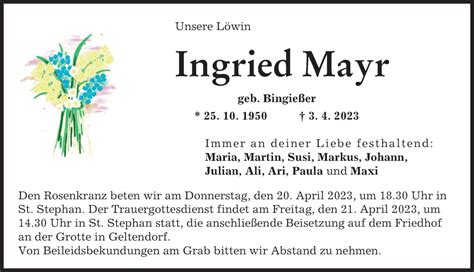 Traueranzeigen Von Ingried Mayr Augsburger Allgemeine Zeitung