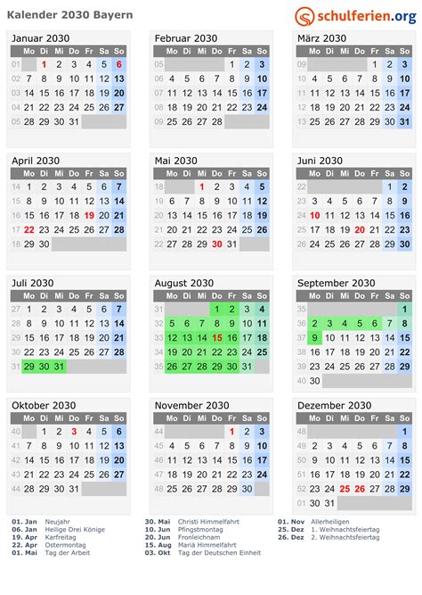 Kalender 2030 Ferien Bayern Feiertage
