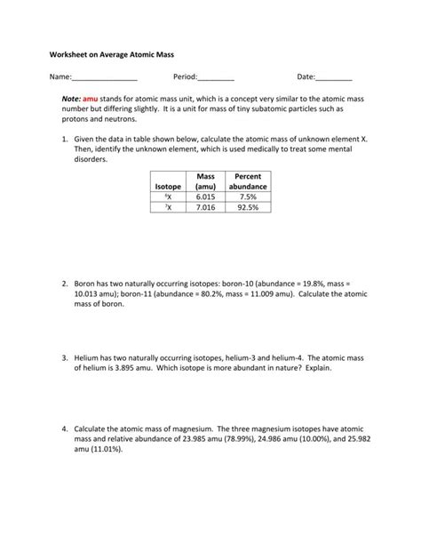The following general formula can be used in all cases. Average Atomic Mass Worksheet Show All Work Answer Key ...