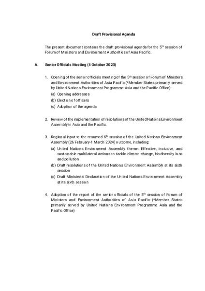 Draft Provisional Agenda 5th Session Of Forum Of Ministers And