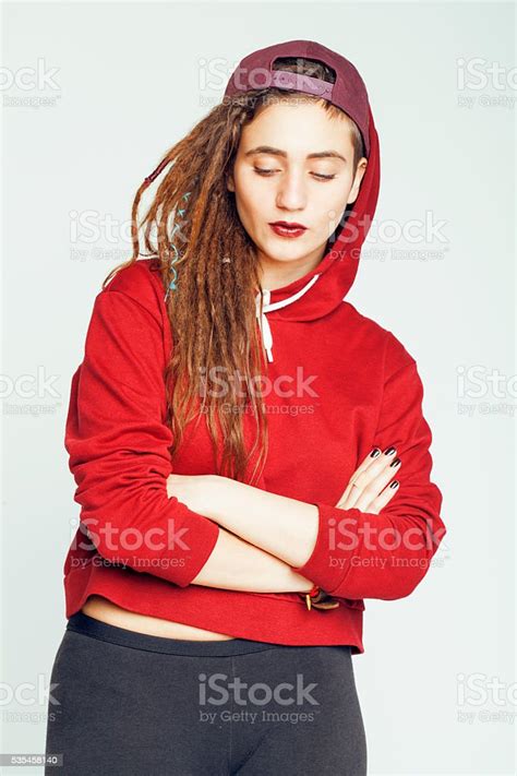 Real Caucasian Woman With Dreadlocks Hairstyle Funny Cheerful Faces On