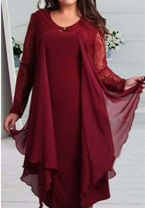 Burgundy Patchwork Lace Draped Plus Size Long Sleeve Chiffion Fashion