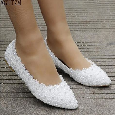 Agutzm White Lace Pearl Casual Womens Shoes 2018 Women White Pointed
