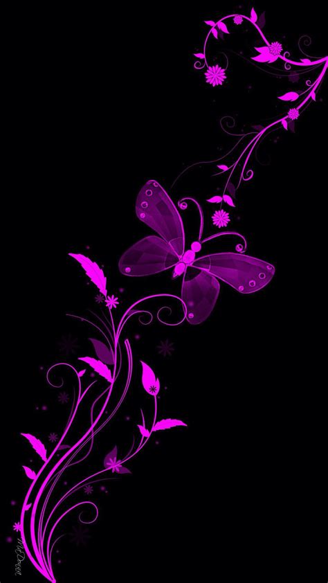 Purple Flowers And Butterflies On A Black Background