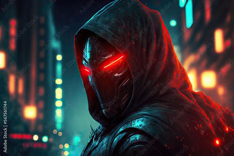 Cyborg Head With Red Light Eyes In A Hood In A Nighttime Scene Digital Artwork A Dark Metal