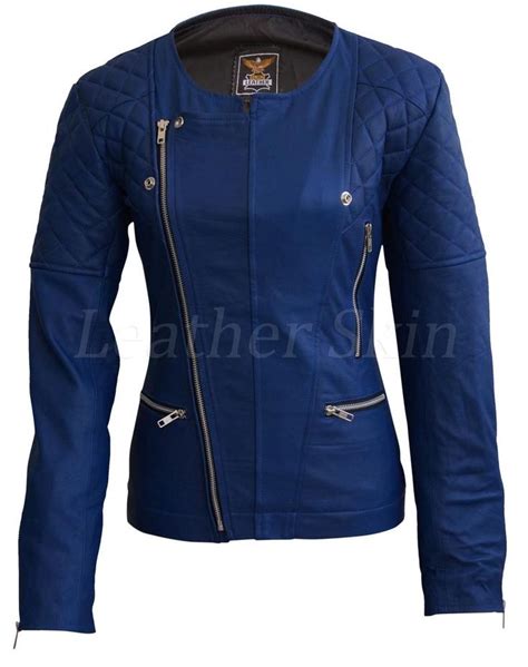 Leather Skin Women Blue Shoulder Quilted Collarless Genuine Leather Ja