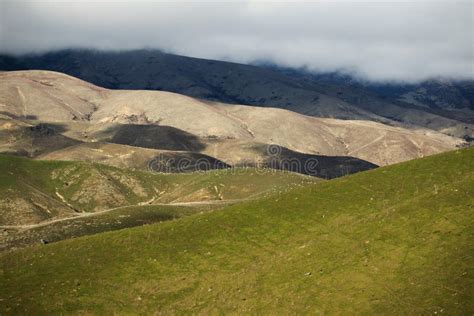 Beautiful Landscape Mountain Slope Farm Field In New Zealand Stock