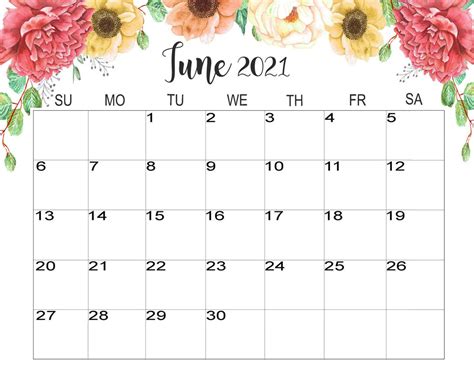 Floral June 2021 Calendar Printable June Calendar Printable June 2019