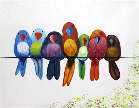 Vögel auf der Leine Acryl 40x50 Kunstmalerei Skurrile kunst