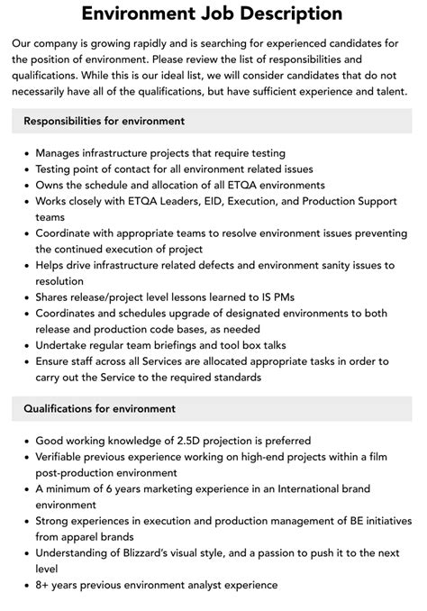 Environment Job Description Velvet Jobs