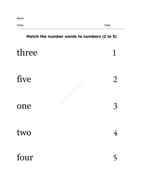 Matching Numbers To Words Worksheet 1 5