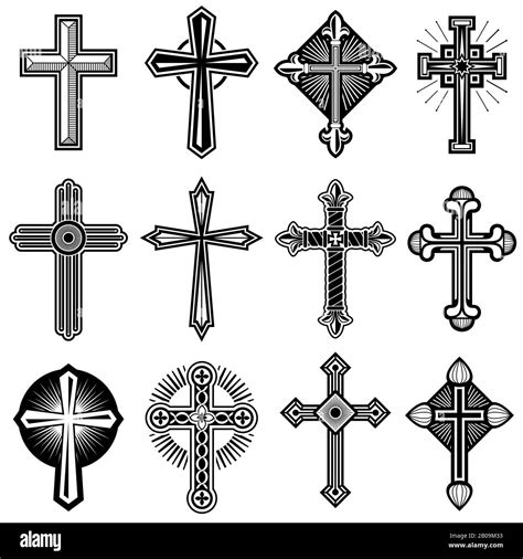 Catholic Christian Cross With Ornament Vector Icons Set Of Religious