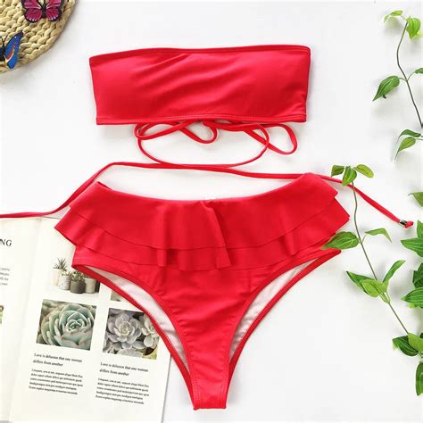lady sexy bikini 2020 high waist solid red push up padded swimsuit strapless ruffles swimwear