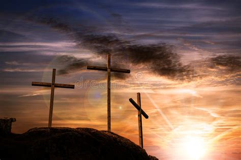 Three Crosses On A Dramatic Sky At Sunset Stock Image Image Of