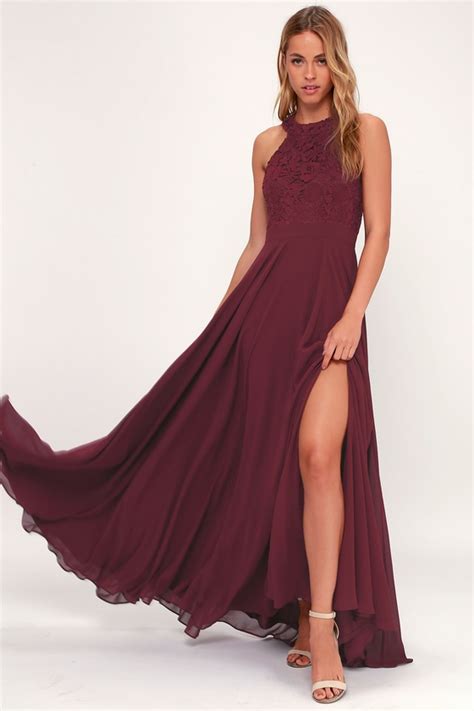 Elegant Burgundy Maxi Dress Lace Dress Halter Maxi Dress Lulus