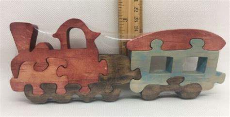 Train Scroll Saw Puzzle Handmade 7 Pieces Stained Ebay
