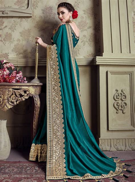 Teal Embroidered Chiffon Saree With Blouse Lilots 3145581