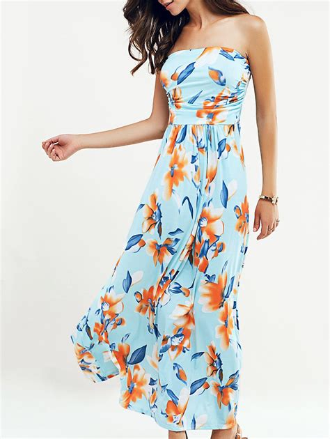 2018 Beach Maxi Floral Bandeau Strapless Summer Dress In Light Blue S