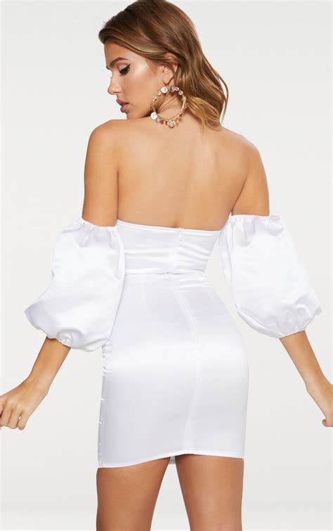 White Satin Puff Sleeve V Plunge Bardot Bodycon Dress Prettylittlething