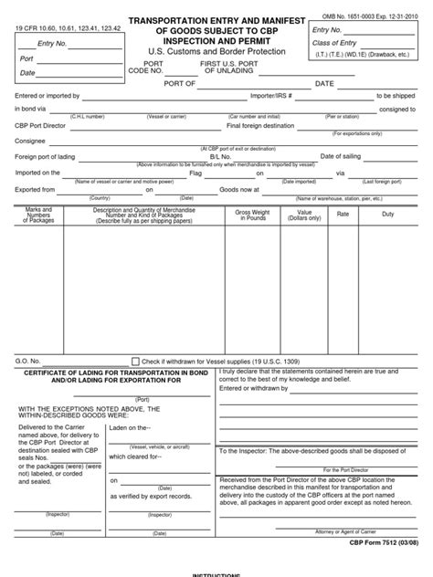 Us Customs Form Cbp Form 7512 Transportation Entry And Manifest Of