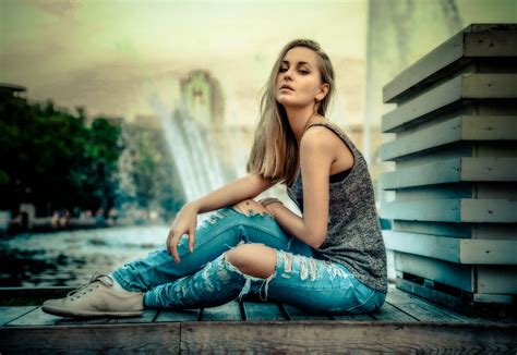 wallpaper women model blonde sitting torn jeans fashion emotion person romance color