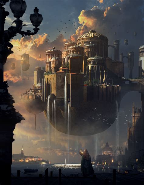 Floating City Sunset Castle By Mai Anh Tran Fantasy City Fantasy