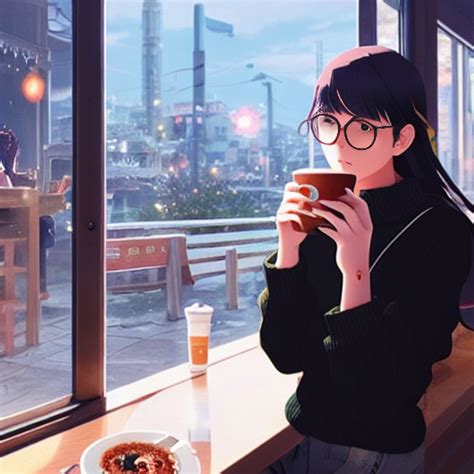 addison cute girl in sweater black hair black wayfarer glasses sitting inside cafe drinking