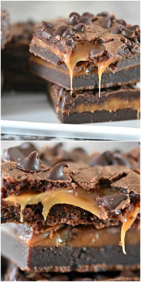 Chocolate Brownies With Caramel Drizzled On Top Stacked On Each Other