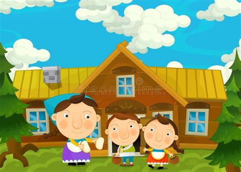 Cartoon Scene With Pair Of Kids In The Grandma S House Stock