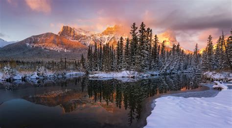 Nature Lake Snow Mountain Winter Sunrise Reflection