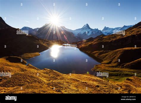 Picturesque View On Bachalpsee Lake In Swiss Alps Mountains Snowy