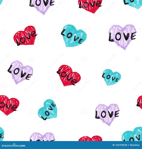 Cute Doodle Style Hearts Seamless Pattern Valentine`s Day Handwritten
