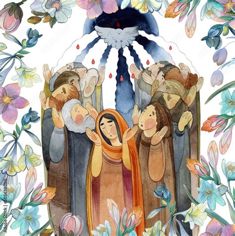 Watercolor Illustration Descent Of The Holy Spirit On The Apostles