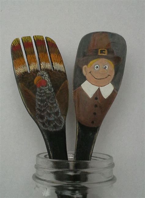 Primitive Country Farmhouse Thanksgiving Wooden Spoons Pilgrim Turkey