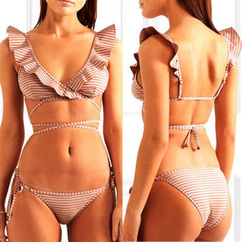 Pink Sexy Women Striped Bandage Backless Ruffles Swimwear Swimsuit Bikini Set Push Up Padded Bra