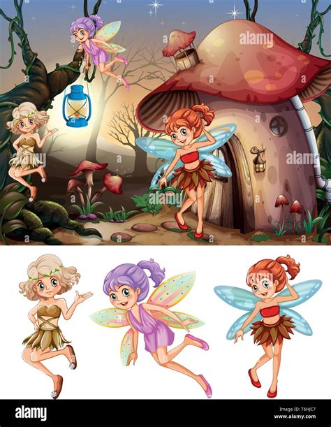 Set Of Fairies In Wood Scene Illustration Stock Vector Image And Art Alamy