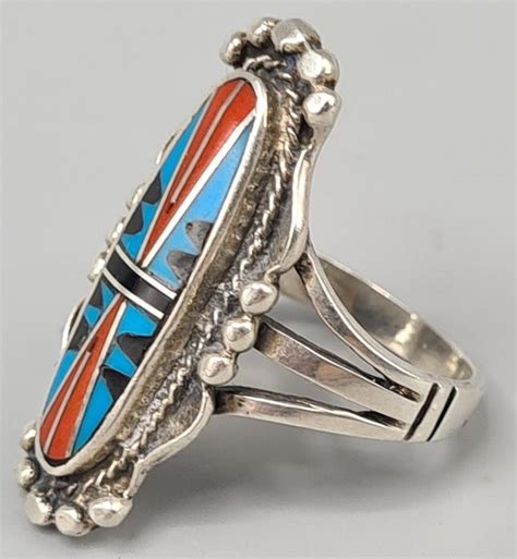 Navajo Silver Ring Onyx Coral And Turquoise Catawiki