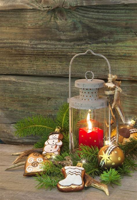Rustic Christmas Lantern With Candlelights And Wooden Background Stock