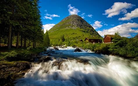 Nature Landscape Mountains Clouds Norway Hills Stream Trees