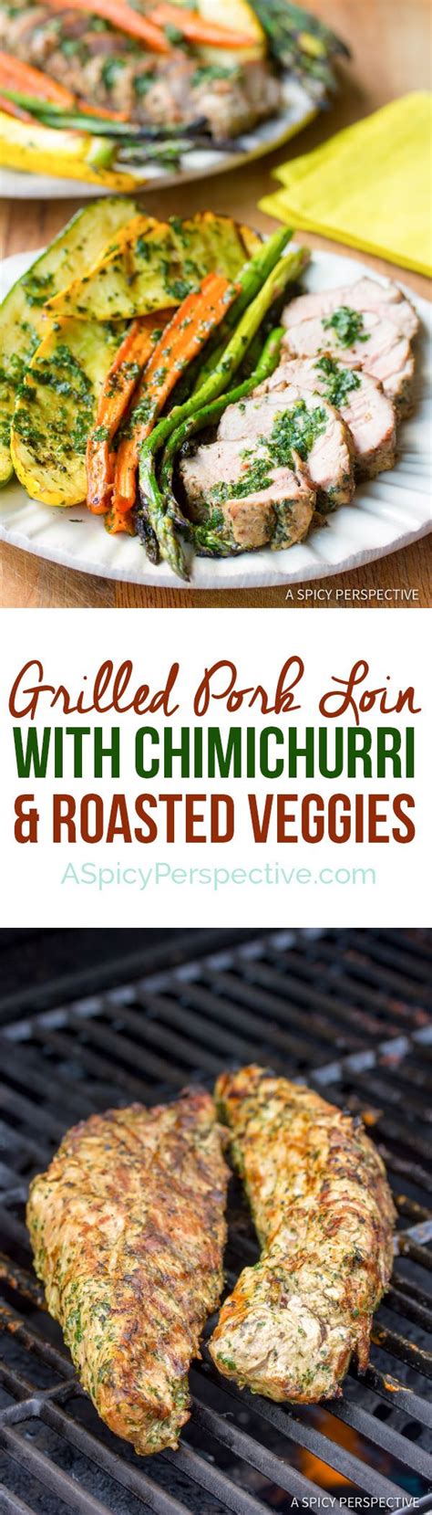 I added slices of fresh ginger to the marinade and marinaded for several hours. Grilled Pork Tenderloin with Chimichurri and Roasted Vegetables - A Spicy Perspective | Pork ...