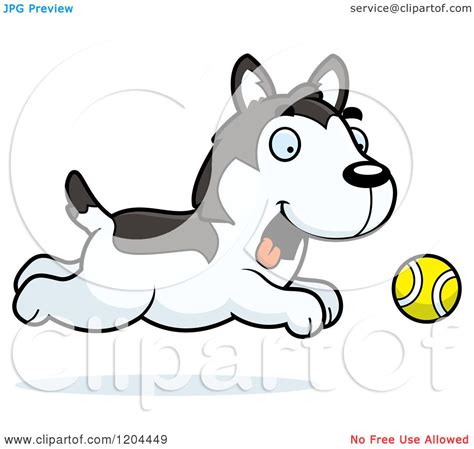 Cartoon Of A Cute Husky Puppy Dog Chasing A Ball Royalty